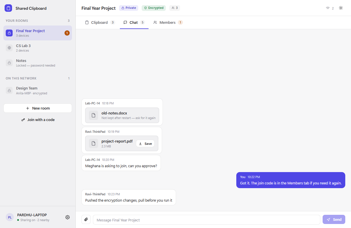 Chat showing a shared PDF with a save button