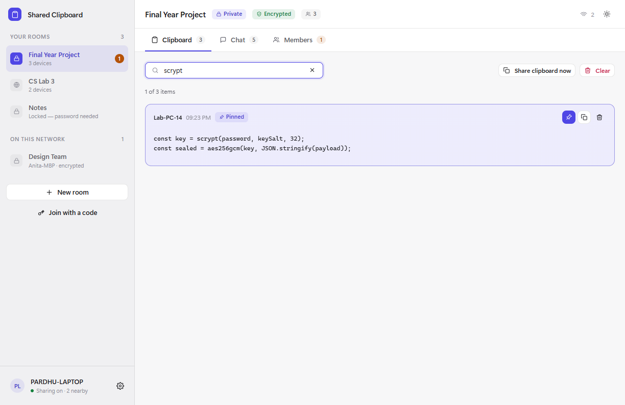 Clipboard history for a room, with search and a pinned item