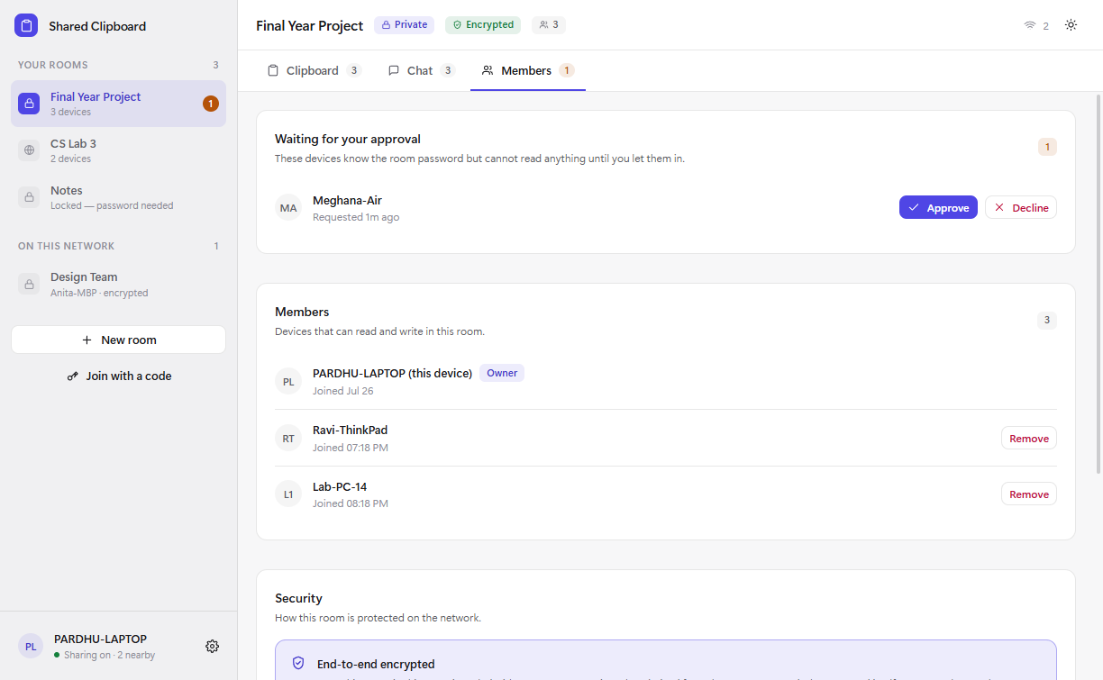 Members panel showing a pending approval request
