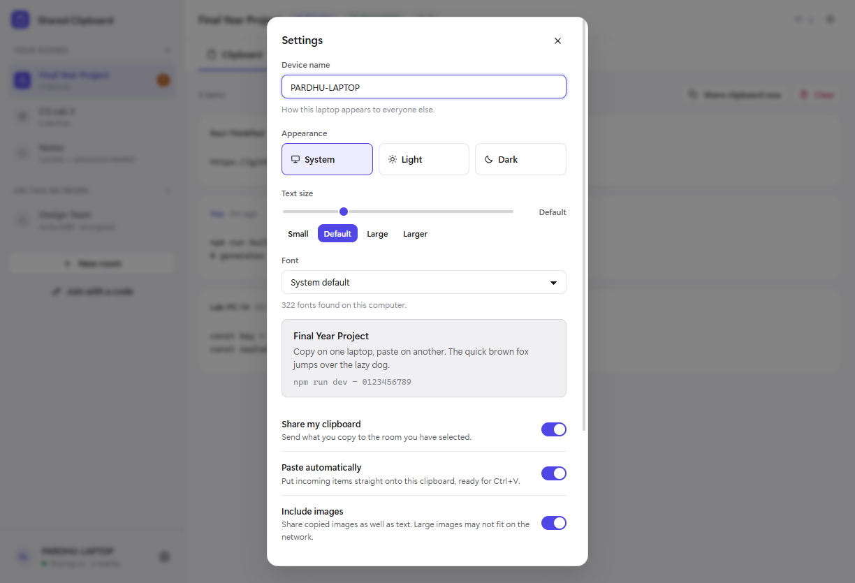 Settings with theme, text size and font options